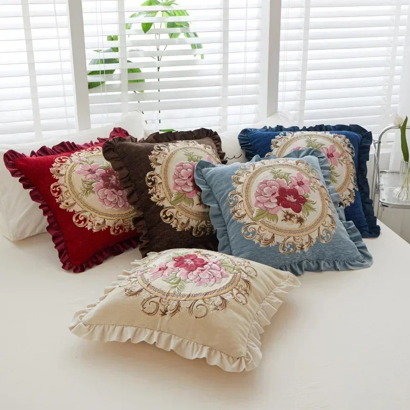 

Ruffled Floral Jacquard Throw Pillow Cover Throw Pillow Covers 45x45cm Home Cushion Cases Retro Home Garden Decorations