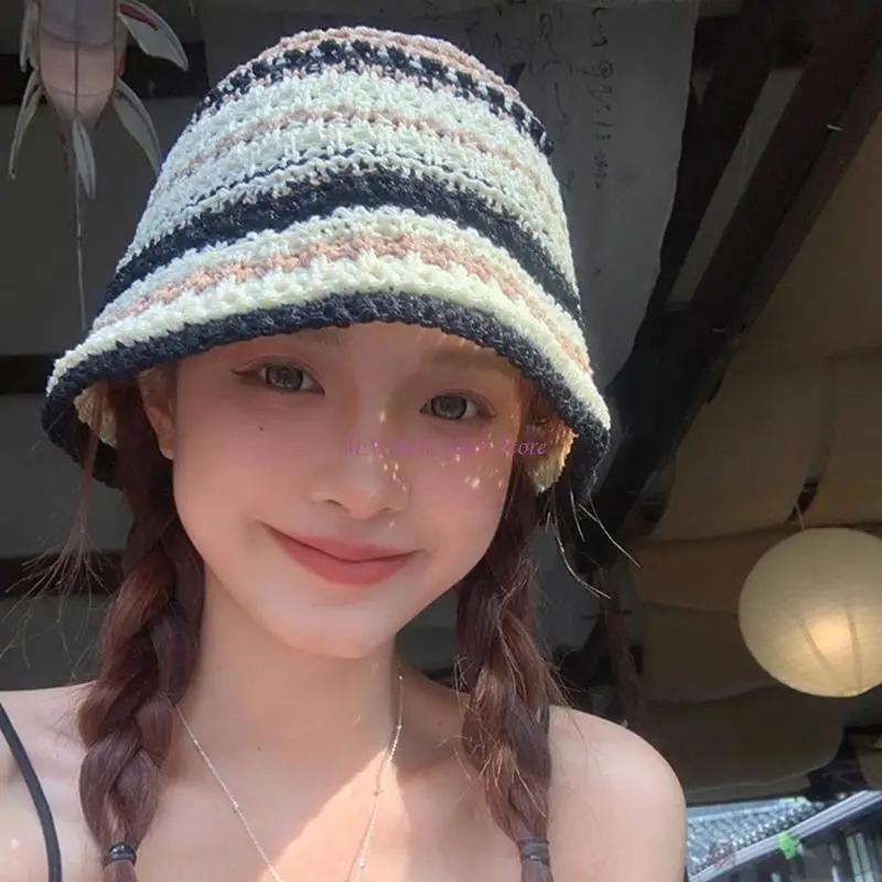 49ME السيدات الكروشيه اللون مطابقة قبعة الصياد واسعة حافة قبعة دلو قبعة Sunproof #5