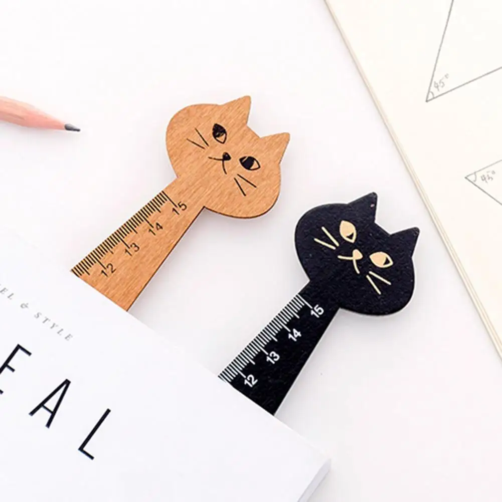 Straight Ruler Retro Sturdy Clear Scale Stationery Cartoon Cat Wooden Drawing Ruler for School Measuring Drawing Office Supply