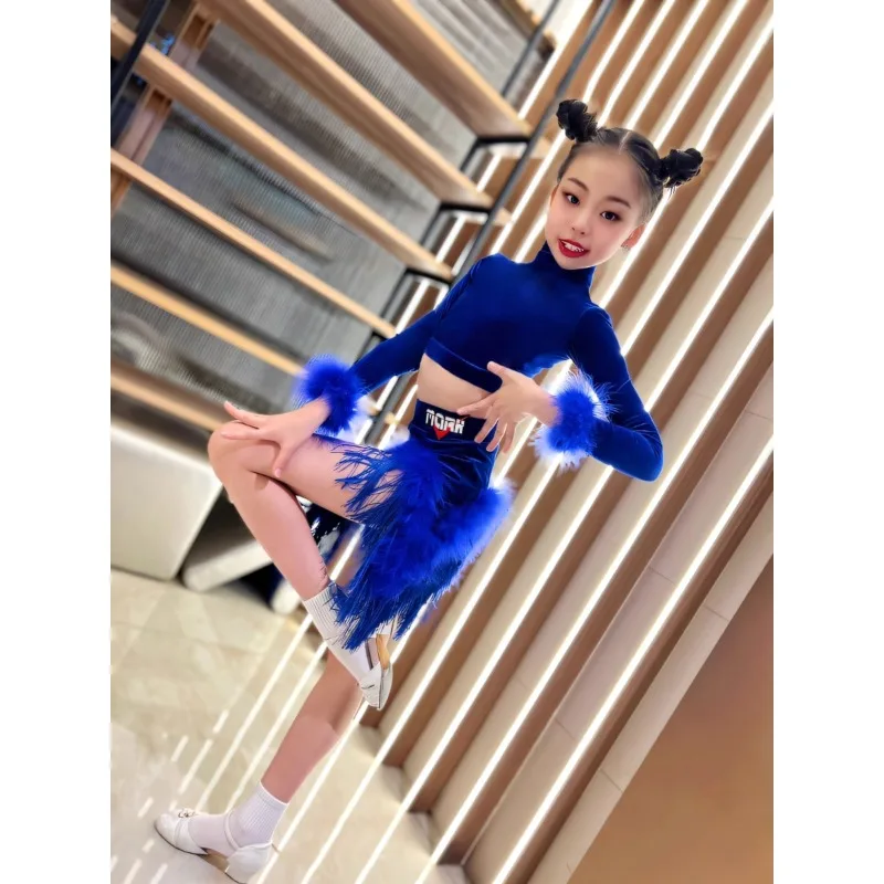 Children's Latin dance autumn and winter feather professional dance performance costume Velvet Cha-cha girls practice and dance