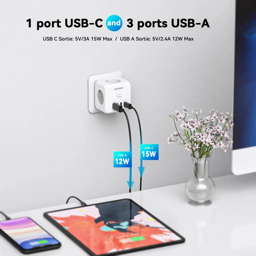 Essager 7-in-1 Wall Charger Power Outlet 3 AC Outlets EU Plug Fast Charging Station For Laptop Macbook iPhone 15 14 Travel Plugs