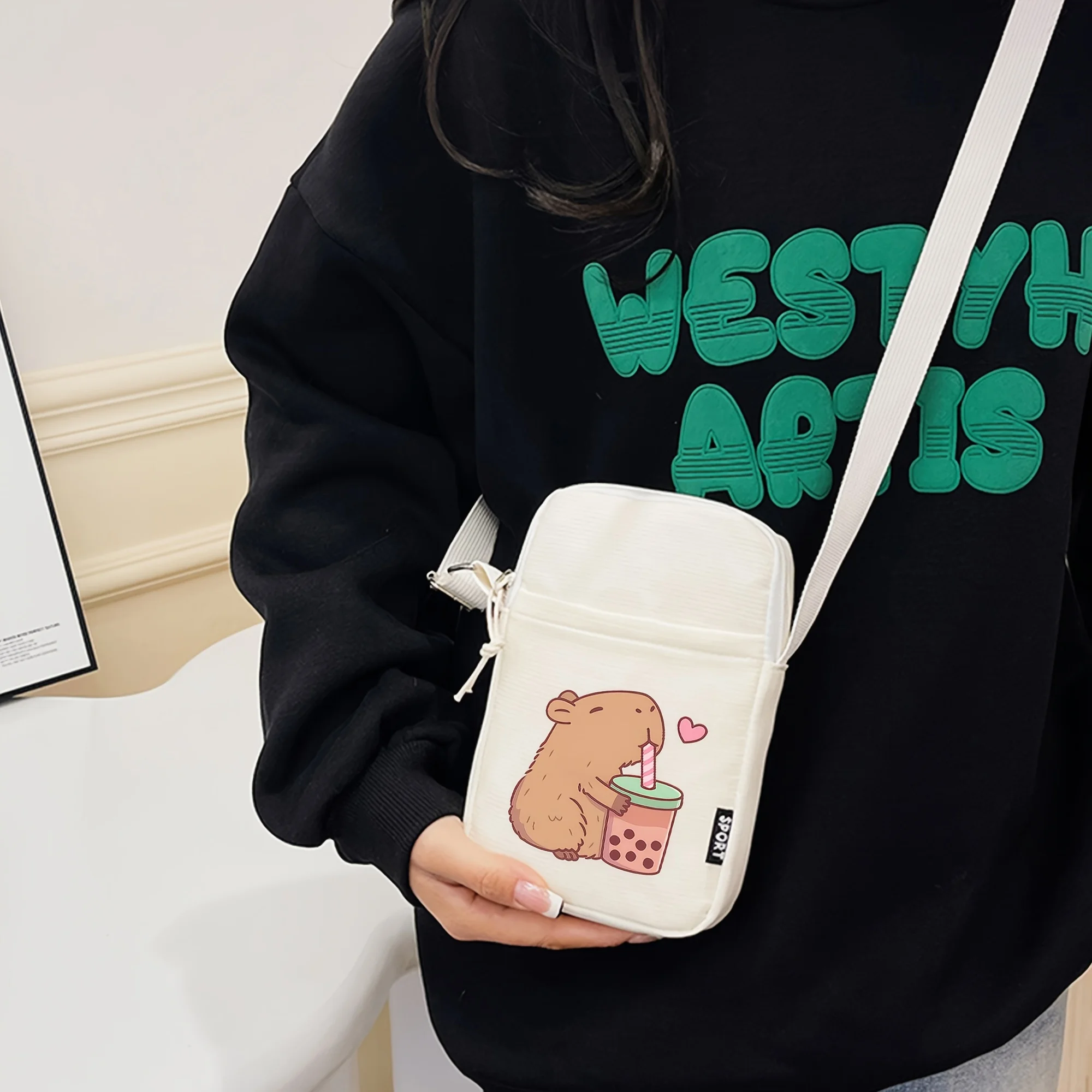 Kapibara Bubble Tea Pattern Mobile Phone Bag Coin Purse, Multifunctional Mini Zipper Crossbody Bag, Perfect Valentine's Day Gift