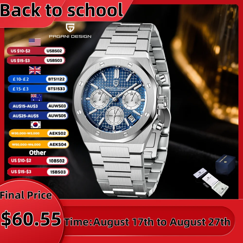 PAGANI Design 2025 New Men Quartz Watch VK63 Sapphire Crystal Luminous Stainless Steel PD1707 200m Waterproof Reloj Hombre