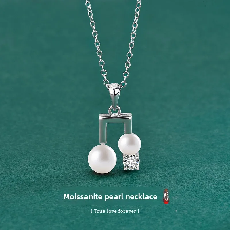 

0.3CT D-Color Music Note Moissanite & Freshwater Pearl Pendant Necklace, Platinum Plated S925 Silver, Exquisite Collarbone