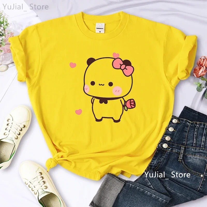 Kawaii Panda Bubu Dudu Cartoon Print T Shirt Girls Pink Bow Rose Love Tshirt Women Gray/Green/Yellow/Pink/Black/White T-Shirt