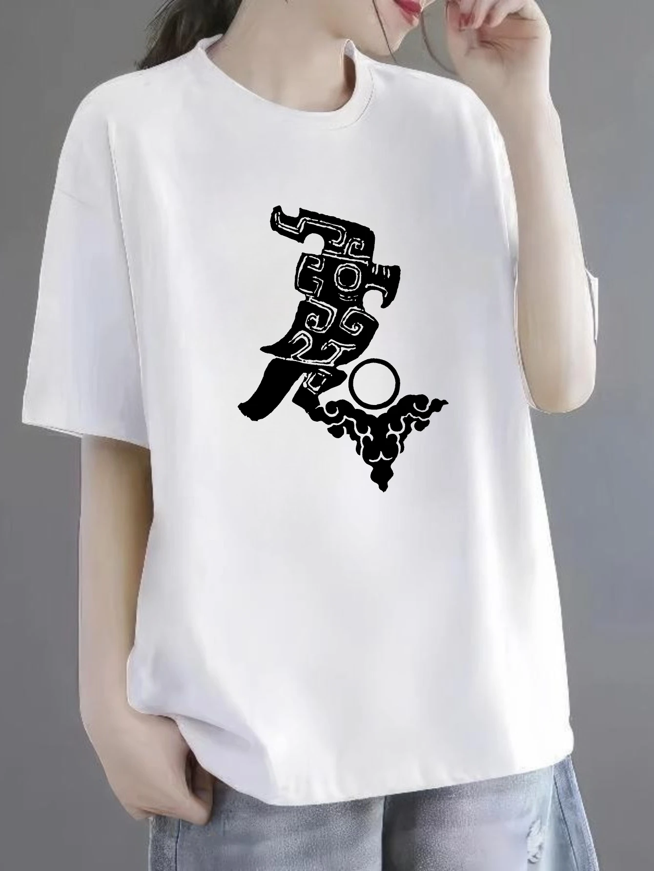 

Women's T-shirts Chinese style Crewneck Harajuku Hip-Hop Casual 100% cotton Abstract Artistic Design Elements printed tee Wom