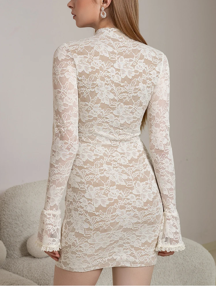 NewAsia Women White Lace Bodycon Mini Dress Long Sleeve High Neck Tie Front Floral Lace Dress Elegant Party Clubwear 2026 New