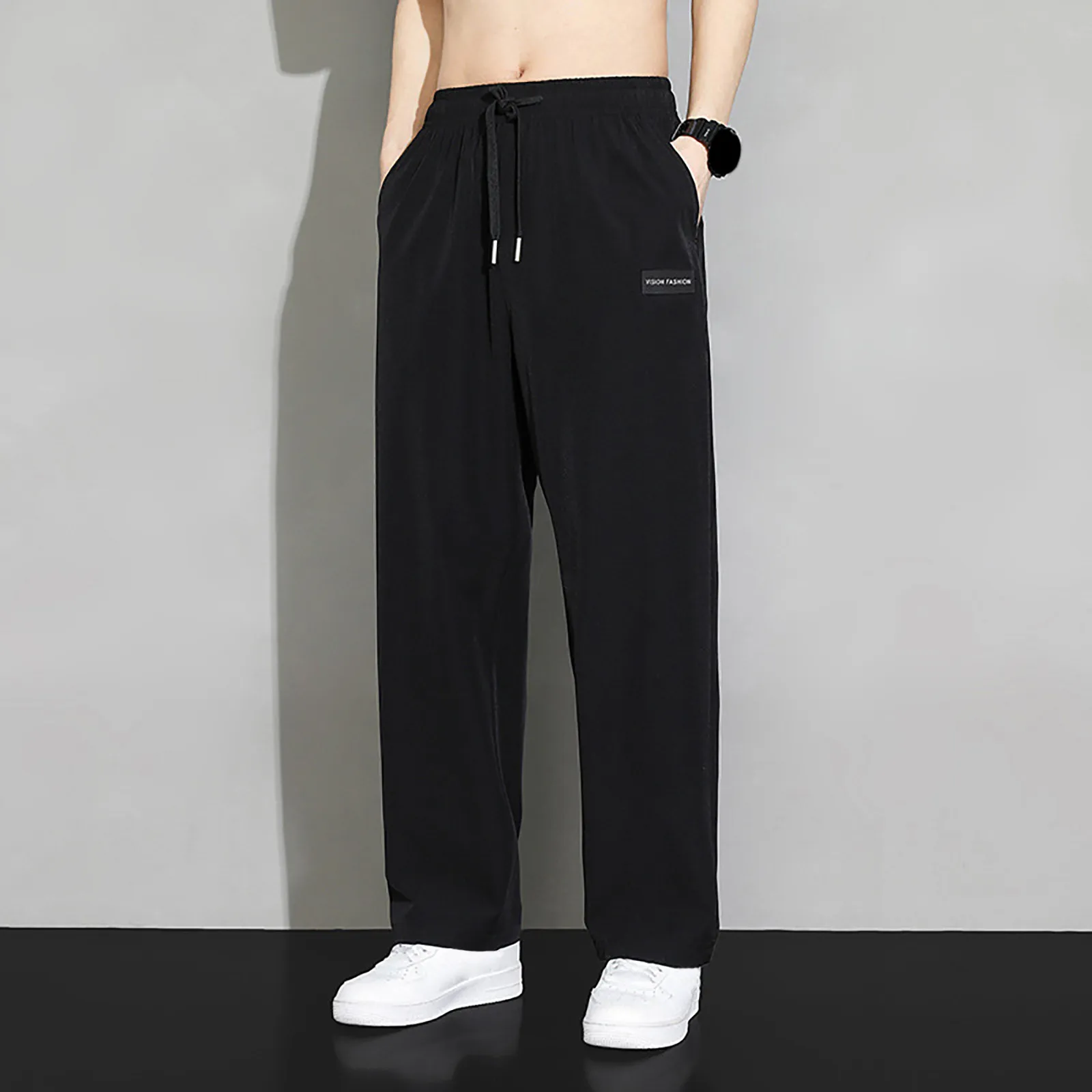 Men Sweatpants Ice Silk Smooth Drawstring Elastic Waist Straight Wide Legs Pockets Men Summer Sports Pants Jogging Trousers