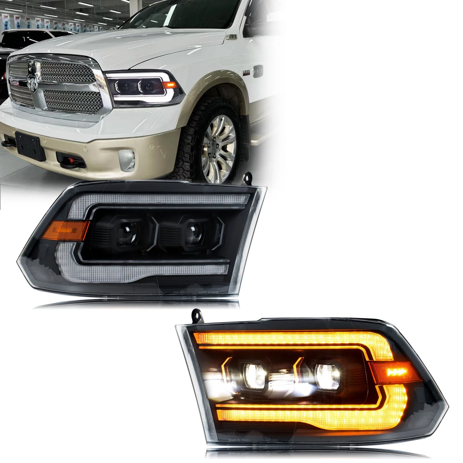 

Светодиодные фары для Dodge Ram 1500 2500 3500 4-го поколения 2009-2018 DRL, двойной проектор, последовательный указатель поворота, передние лампы в сборе