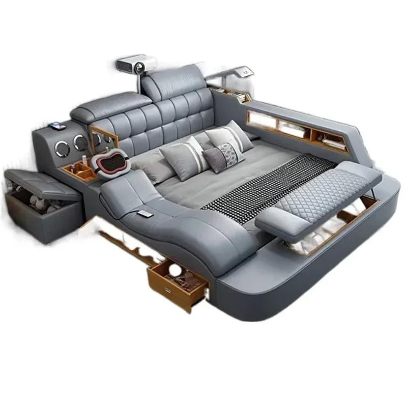 

Modern smart furniture leather upholstered bed with storage extra large massage multi-function smart bed luxury