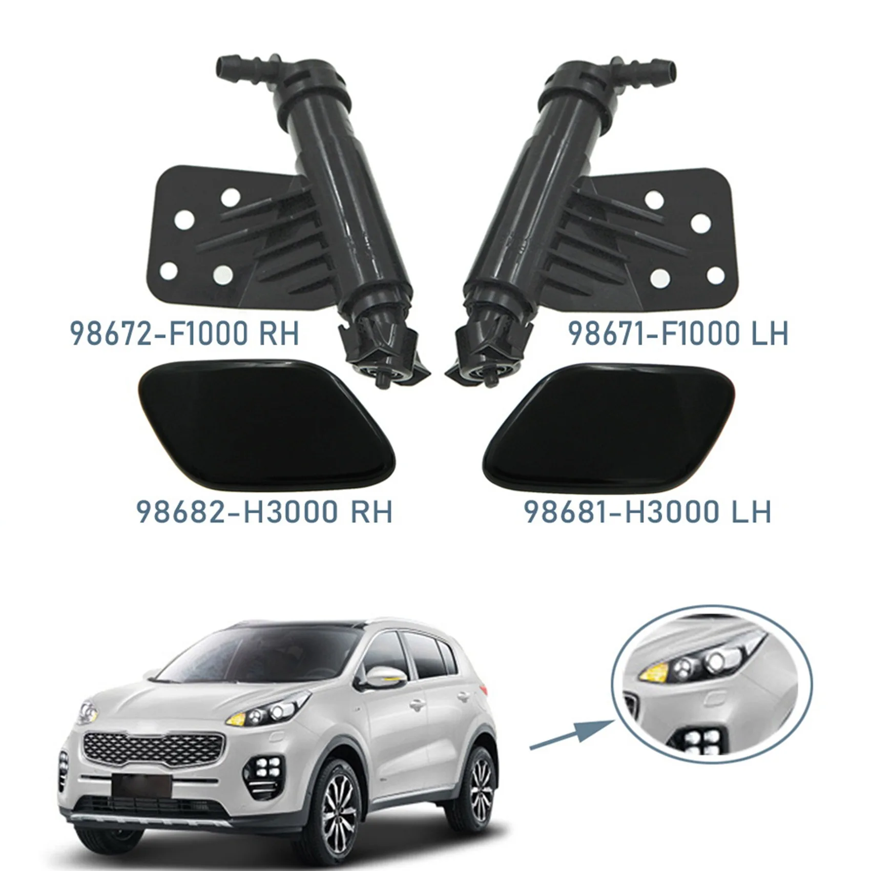 ไฟหน้าหัวฉีดเครื่องซักผ้าสเปรย์ทําความสะอาดปั๊ม + ฝาครอบสําหรับ KIA Sportage IV 98681H3000 98671F1000 98672F1000-T61C