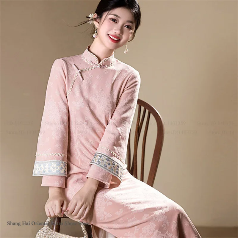 

Элегантное винтажное платье-ципао с воротником-мандарином и жаккардовым узором, традиционное китайское платье Ханьфу, длинное женское платье-ципао (чонсам) для Китайского Нового года