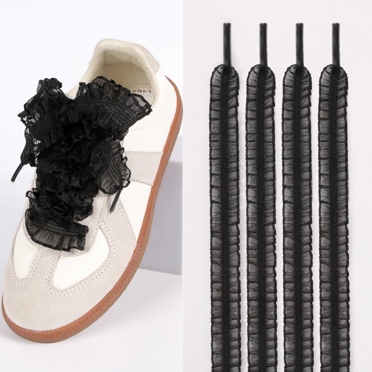 1 Paar elastische Schnürsenkel mit Rüschenbesatz – „Fairy Wind“-Schnürsenkel mit Holzohrenkante (Weiß/Schwarz) – Detail 11