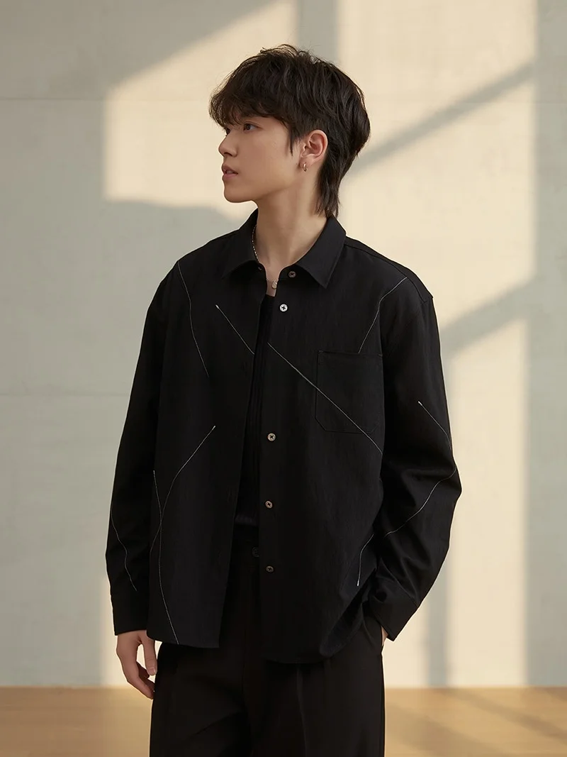 

HISHER out Closet Small Size Neutral Style Long Sleeve Black Shirt Collide Line Date Design Heavy Duty Cotton Men Women Shirt
