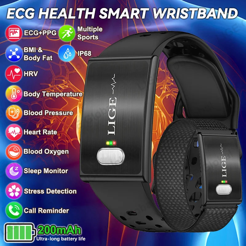 

LIGE ECG+PPG SpO2 Sport Smart Bracelet Body Fat BMI Heart Rate Blood Pressure Monitor Pedometer Fitness Tracker Smartwatch Band