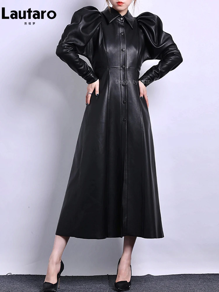 Lautaro Spring Autumn Long Luxury Elegant Retro Black Soft Pu Leather Trench Coat for Women Puff Sleeve Runway Fashion 2023