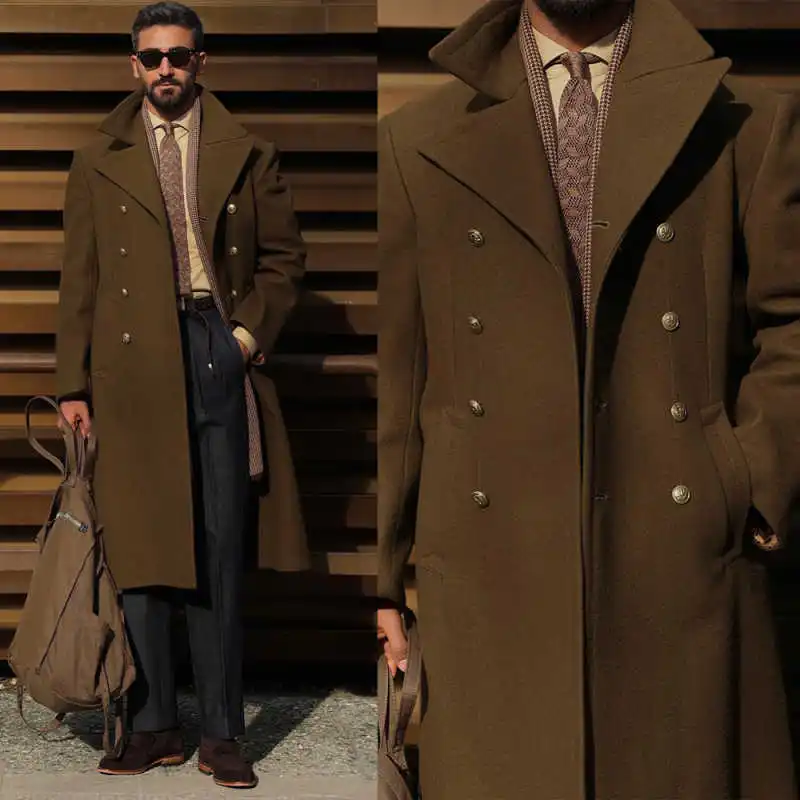 

Vintage Men Long Coat Double Breasted Peaked Lapel Jacket Blazers Plus Size Autumn Winter Customized One Piece