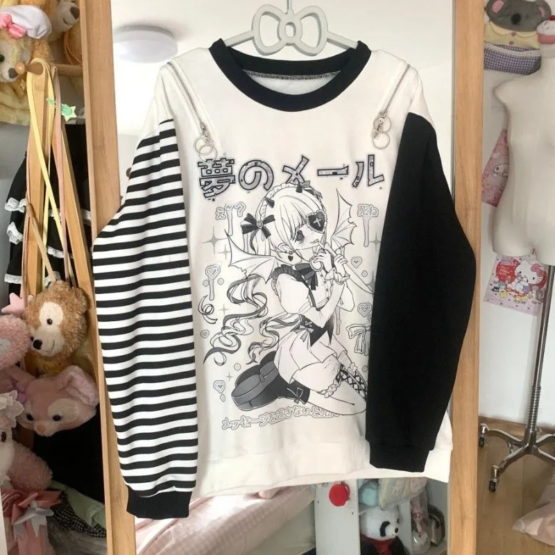 Japanese Subculture Gothic Anime Print Sweatshirt Women Loose Round Neck Long Sleeve T-shirt Winter Y2k Vintage Fashion Tops New
