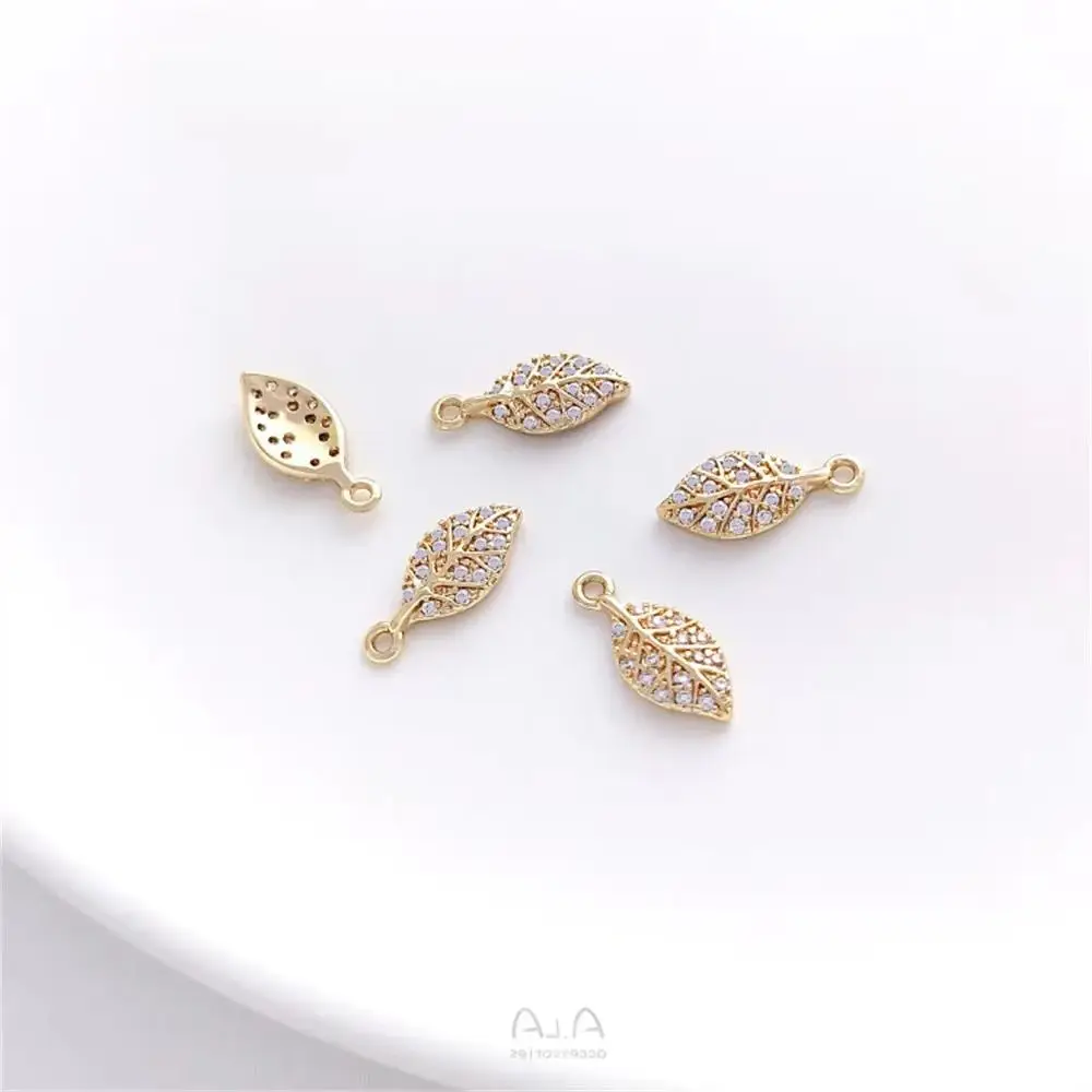 1pcs 14K Pack Gold Micro Set Zircon Small Leaf Pendant Handmade Pendant DIY Bracelet Necklace Earrings Jewelry Accessories