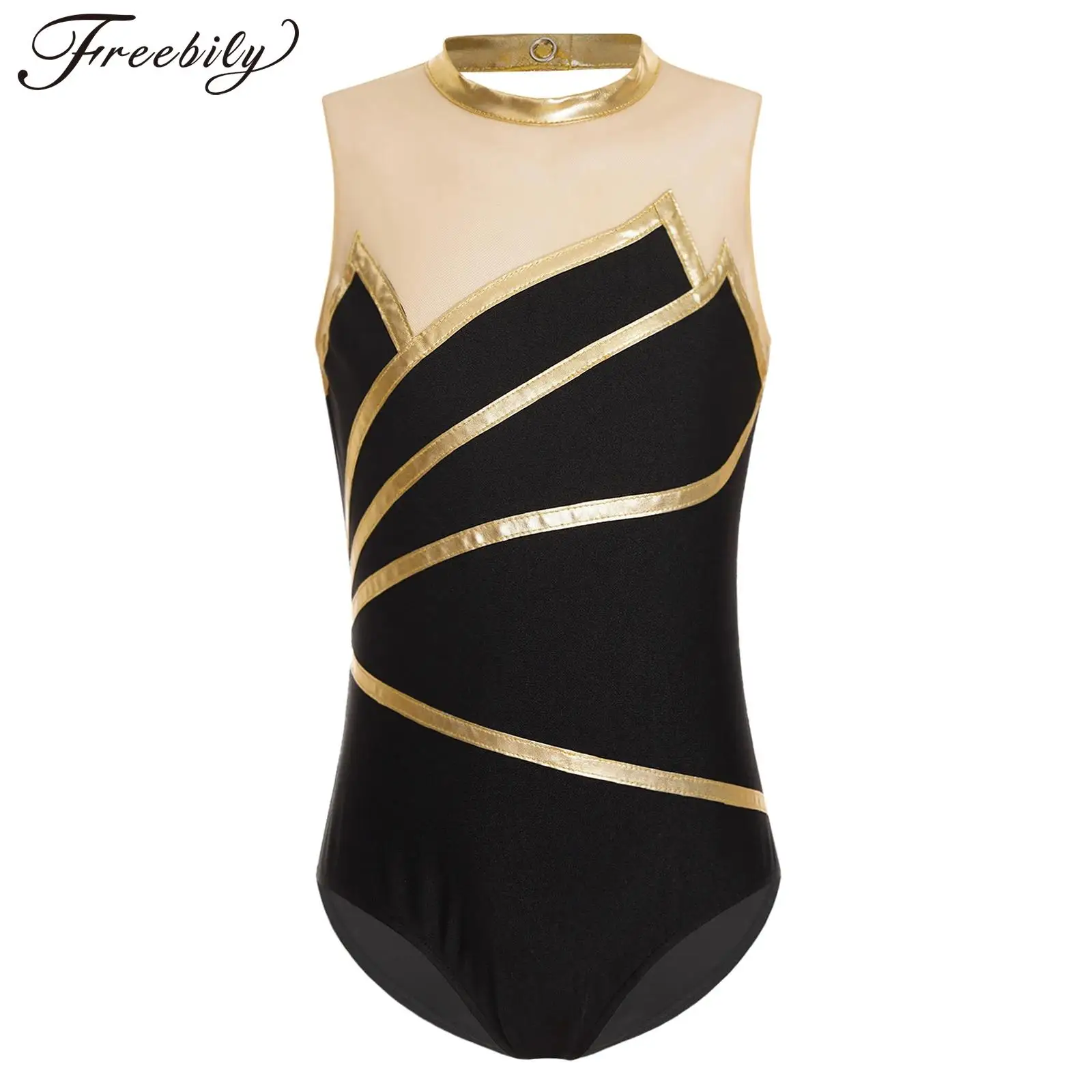 Kids Girls Figure Skating Bodysuit Metallic Sheer Mesh Sleeveless Leotard Ballet Dance Rhythmic Gymnastics Acrobatics Dancewear