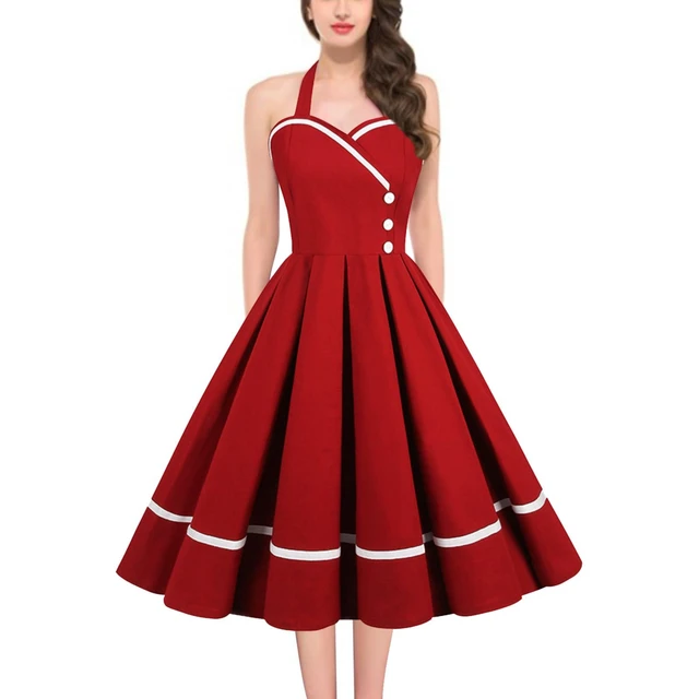 Vestidos de Fiesta Rockabilly con botones para mujer vestido Vintage plisado sin tirantes de algodon rojo verde rosa con cuello en V para mujer de los anos 50 y 60 AliExpress
