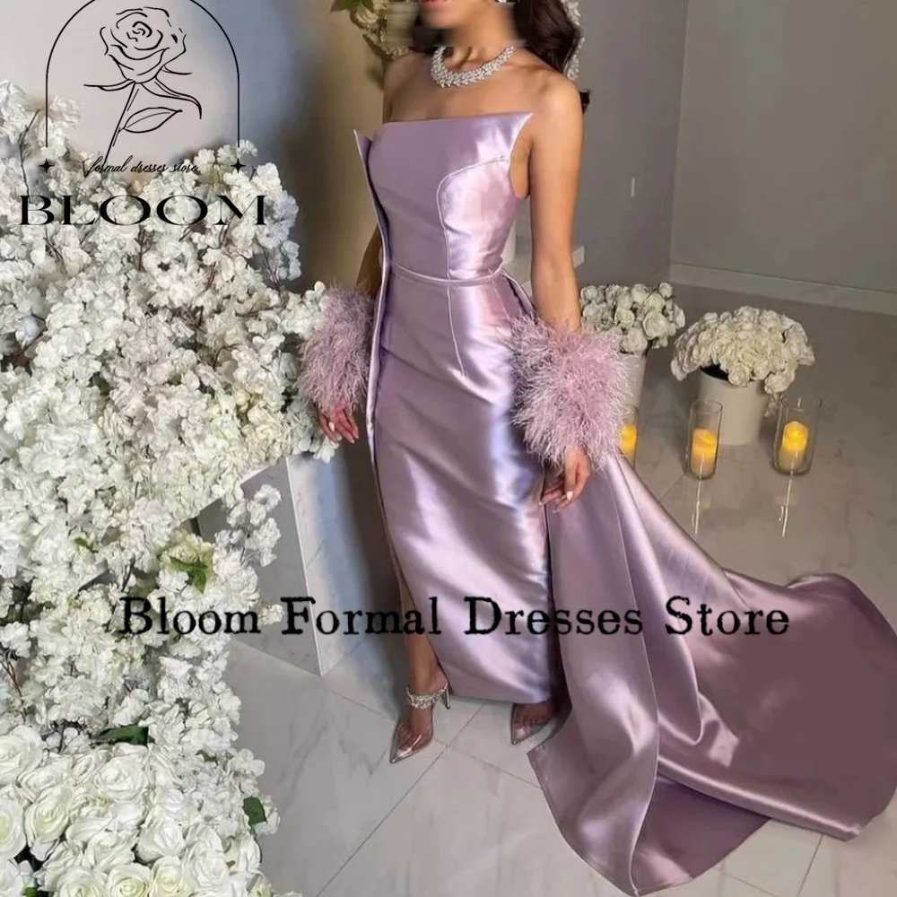 Bloom Customized Lavender Satin Strapless Prom Dresses Side Split Plush Oversleeves Noble Evening Dresses Wedding Party Gown