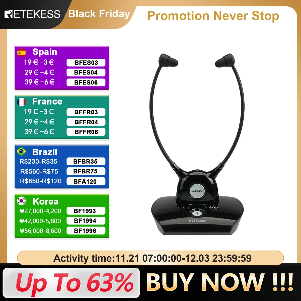 Retekess TA008 TV Hearing Aid Headphone Wireless TV Headsets System 2.4GHz Wireless Headphone for Seniors 3 Tones Dual Batteries