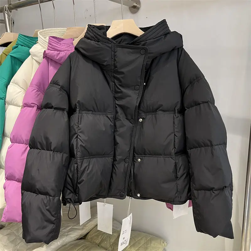 

Winter New Loose Hooded Cotton Coat Women's Solid Color Thickened Warm Puffer Jacket 2025 Trend Female Short Parkas Outerwear