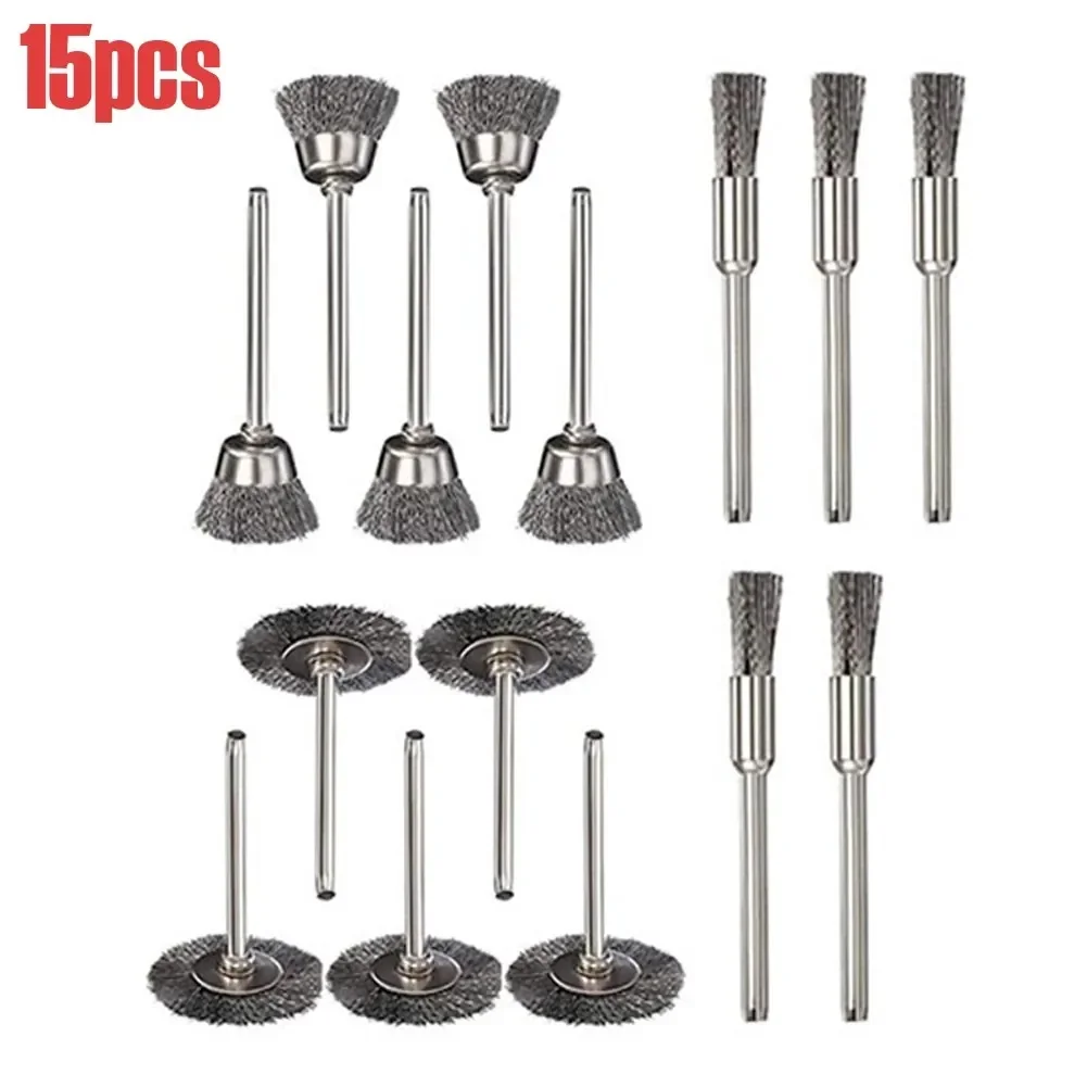 15pcs Steel Wire Brushes Polishing Wheel Brush Rust Removal Tool Mini Brushed Burr Welding Metal Surface Pretreatment Grinding