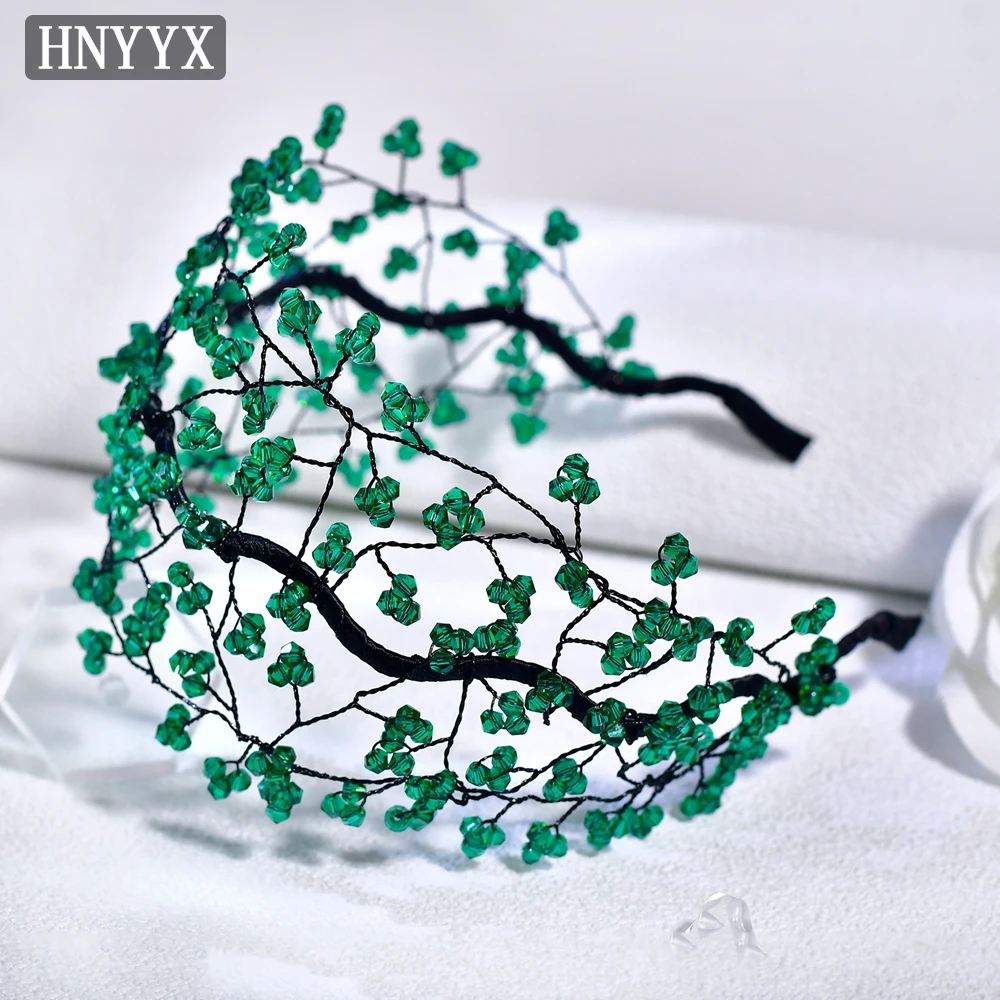 

HNYYX Green Crystal Beaded Hairband Fashion Handmade Weaving Headband Mesh Head Hoop Ladies Prom Daily Headwear A312