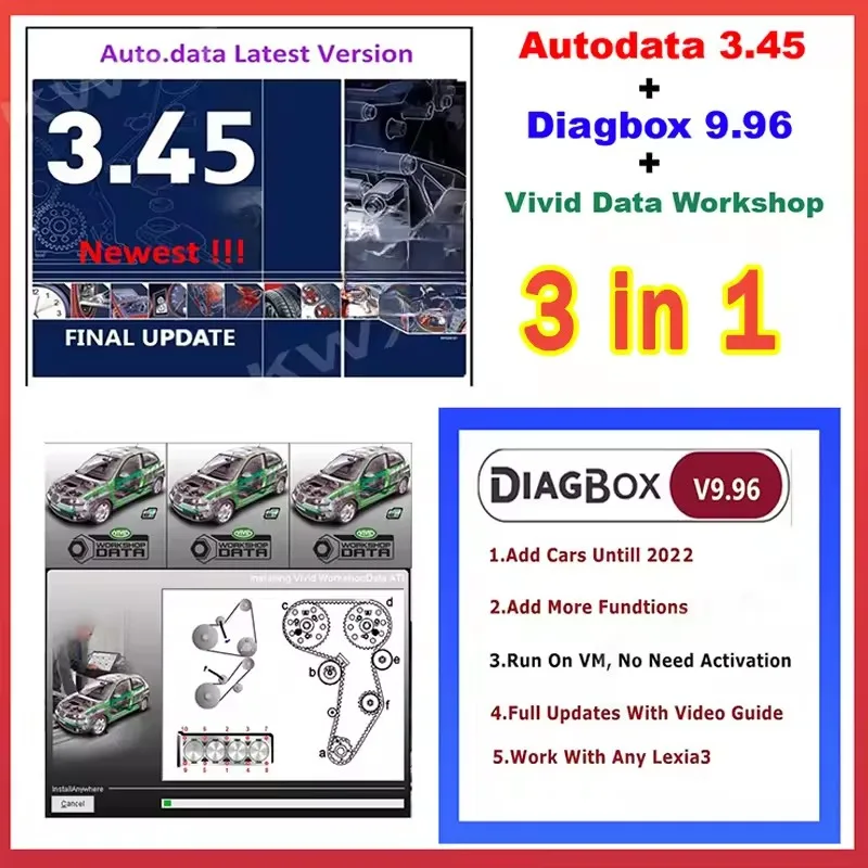 

3 в 1: Auto Data 3.45 + Diagbox 9.96 + Vivid Data Workshop Remote, бесплатная установка, для ремонта автомобилей, автодиагностика, виртуальный диагностический комплекс