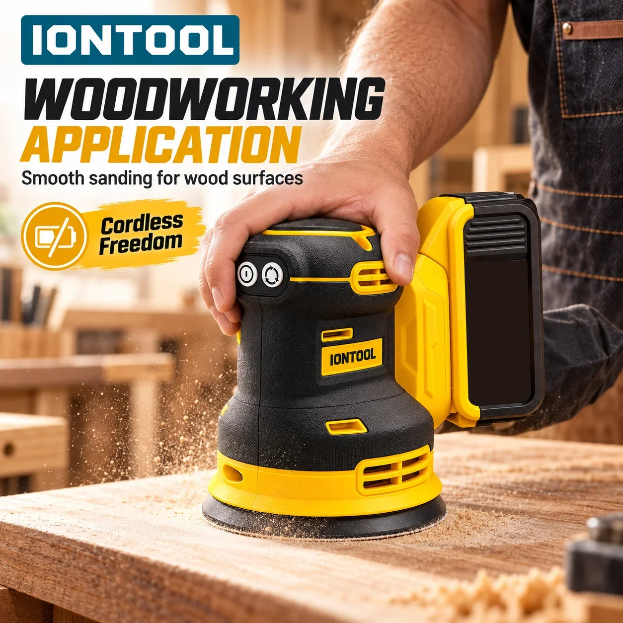 IONTOOL Yellow Cordless Sander 180mm For Home Wooden Furniture Sanding and Cabinet Door Prepping and Wall Surface Priming