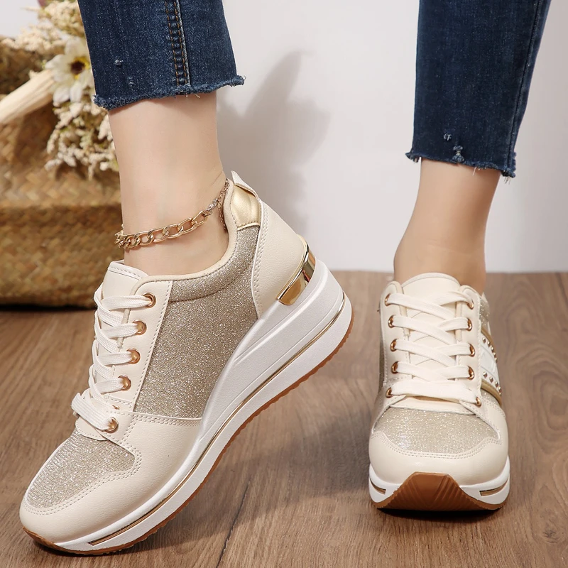 أحذية رياضية نسائية ذات نعل سميك، أحذية نسائية ذات تصميم ذهبي، أحذية رياضية كاجوال مريحة، أحذية كاجوال جديدة Zapatos De Mujer #3