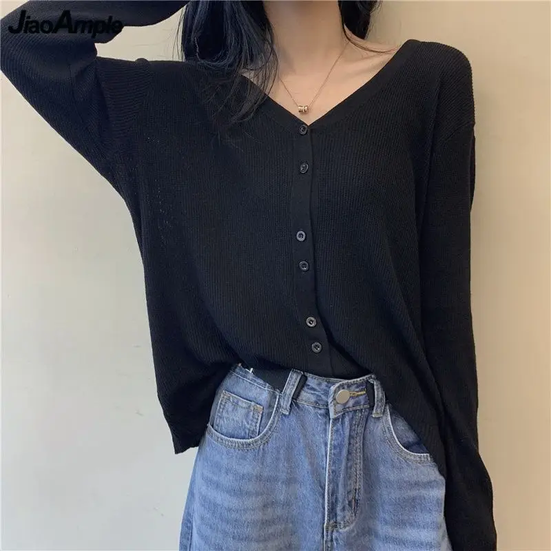 

Women Spring Autumn Thin Knit Cardigan 2024 Korean Lady Daily Joker Solid V-Neck Long Air-Conditioned Shirt Black Tops Female