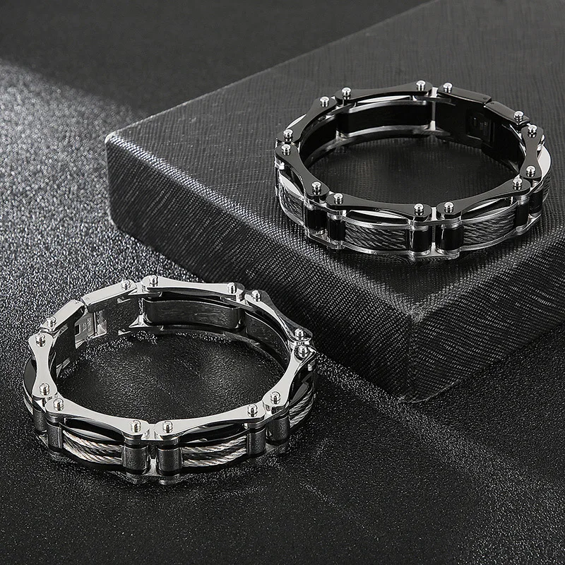 

15MM Punk Retro Black Bike Biker Bracelet Men Women Hiphop Gold Color Stainless Steel Twist Rope Chain Bicycle Bangle Jewelry