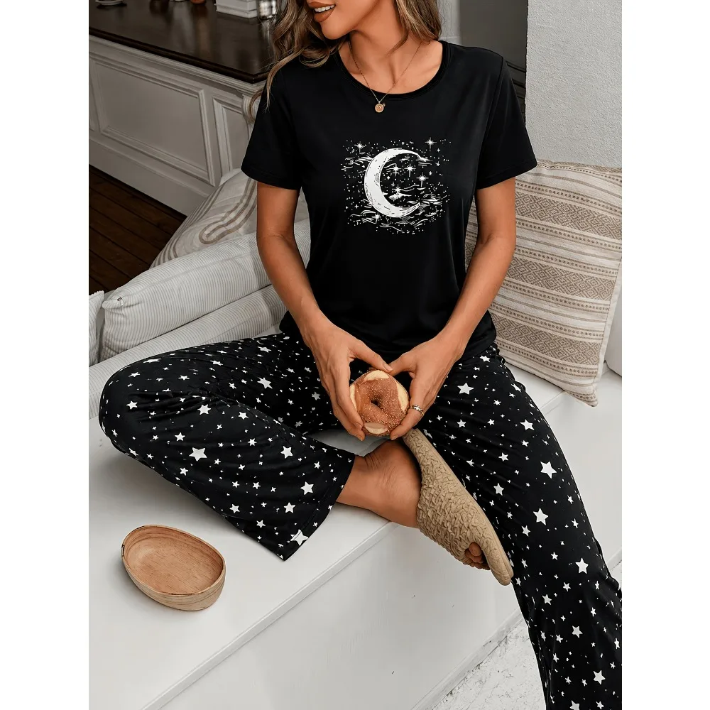 Small Moon Family Set Two Piece Pajama Set, Short Sleeve Top and Pants, Family and Child Wear, Comfortable Fabric