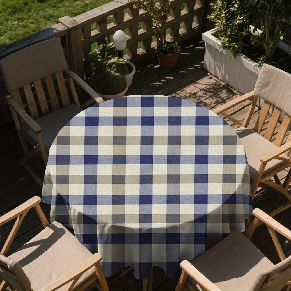 One large blue-mustard checkered round tablecloth - 60 inches, easy-care design, suitable for daily diningzyc