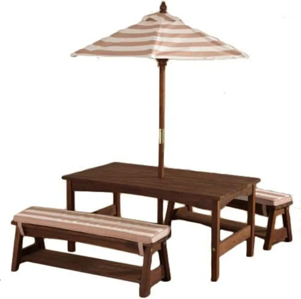 Outdoor Wooden Table & Bench Set with Cushions and Umbrella, Kids Backyard Furniture, Navy and White Stripe Fabric