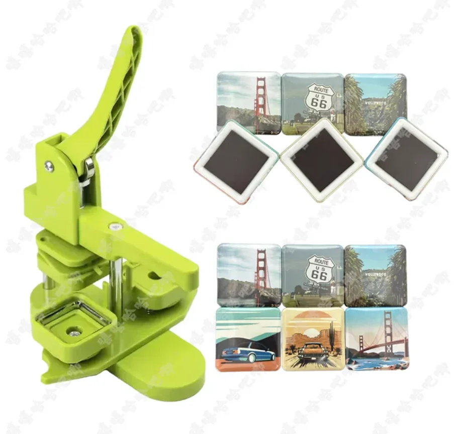 50mm Square Magnetic Badge Maker Kit Button Press Machine 100 Sets DIY Fridge Magnet Pin Maker for Crafts Home Office