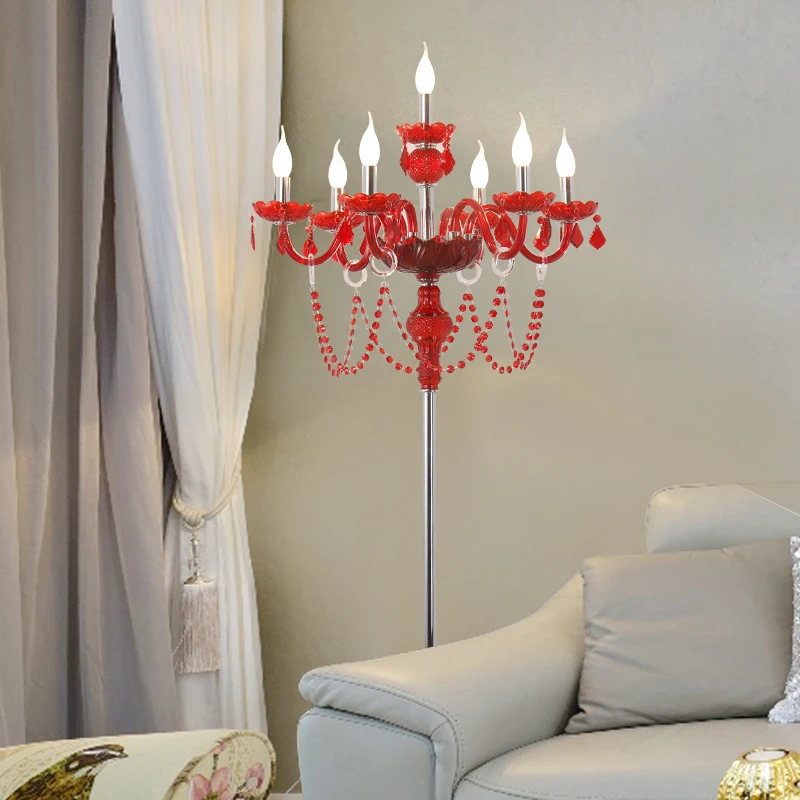 

OUFULA European Red Style Crystal Floor Lamp Luxurious Hotel Ballroom Wedding Candle Decoration Lamp Living Room Bedroom Villa