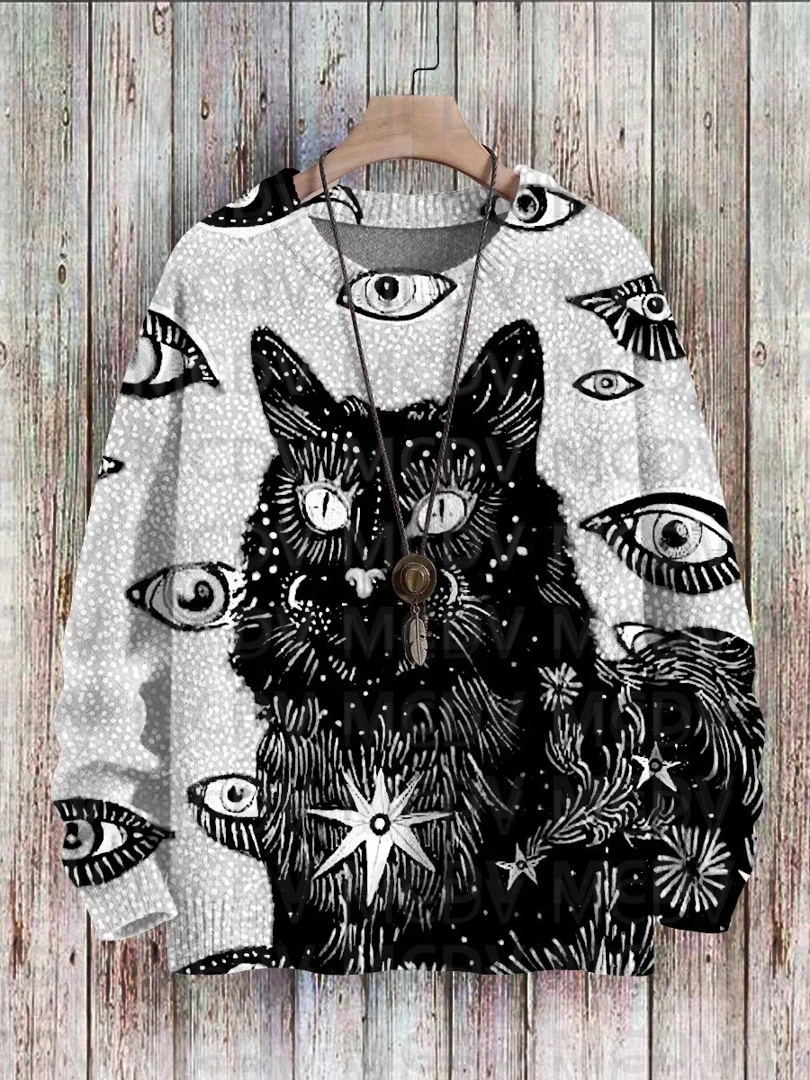 Halloween Black Cat Witch Art Printed Casual Sweatshirt Women For Men Sweater