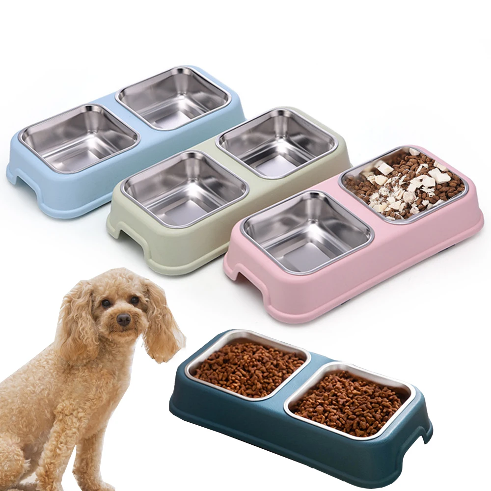 

Double Pet Bowls Cat Dog Food Water Feeder Durable Stainless Steel Pets Drinking Dish Kitten Puppy Tableware Feeding Supplies