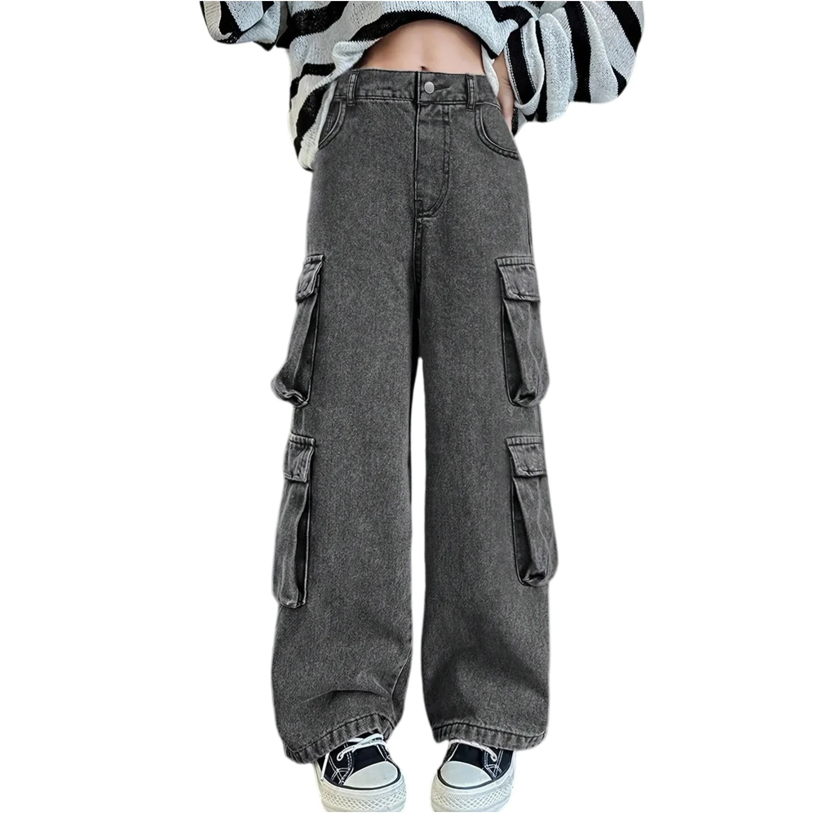 Jeans a vita alta streetwear stile americano per ragazza moda baggy Y2K pantaloni in denim multitasche a gamba larga abiti femminili