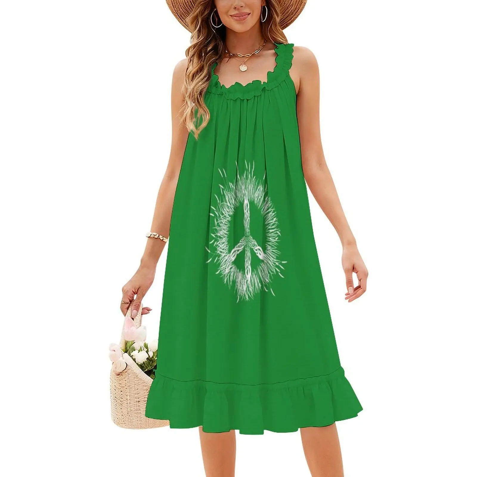 ชุดเดรสสไตล์โบฮีเมียนวินเทจลายธรรมชาติและสันติภาพ แขนพองหรือแบบไม่มีแขนสำหรับผู้หญิง ชุดเดรสลายธรรมชาติ สันติภาพ ความสงบสุข สำหรับผู้หญิง