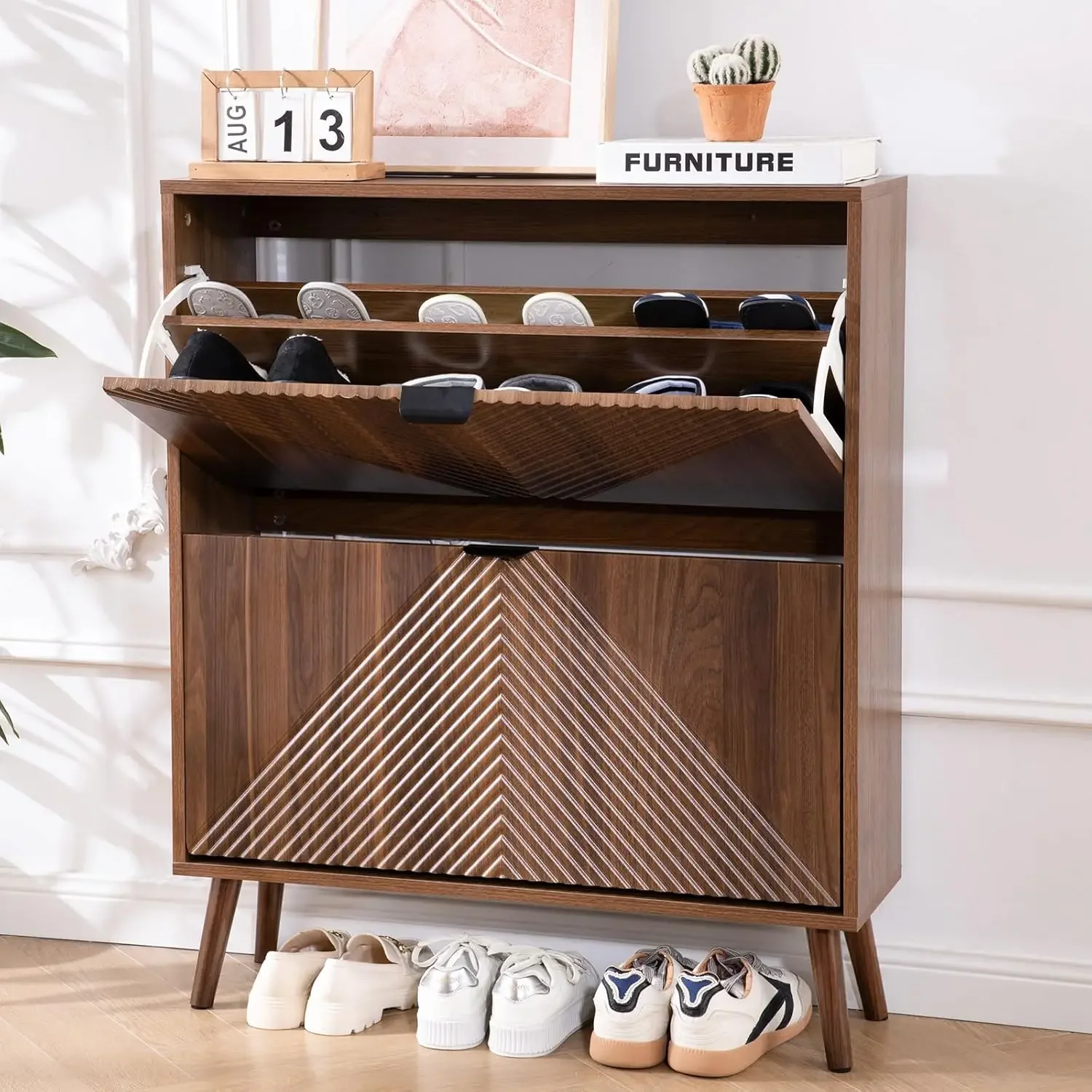 

BestsellerShoe Cabinet with 2 Flip Drawers, 31.5" Walnut Narrow Hidden Shoe Storage Cabinet, Freestanding Shoe Rack Organizer wi