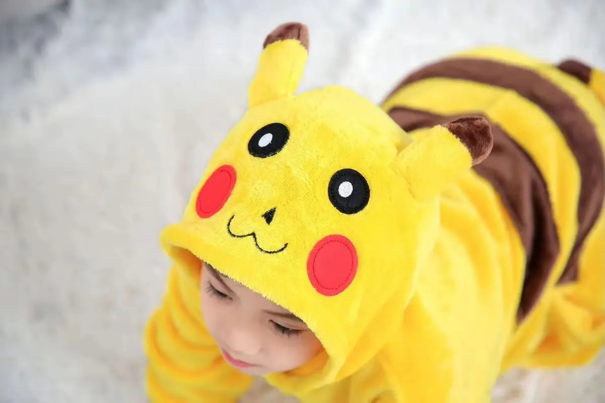 New Anime Pikachu Plush Flannel Pajamas Cartoon Pokemon Costume Suit Long Sleeved Winter Soft Warm Home Clothes Children Gifts