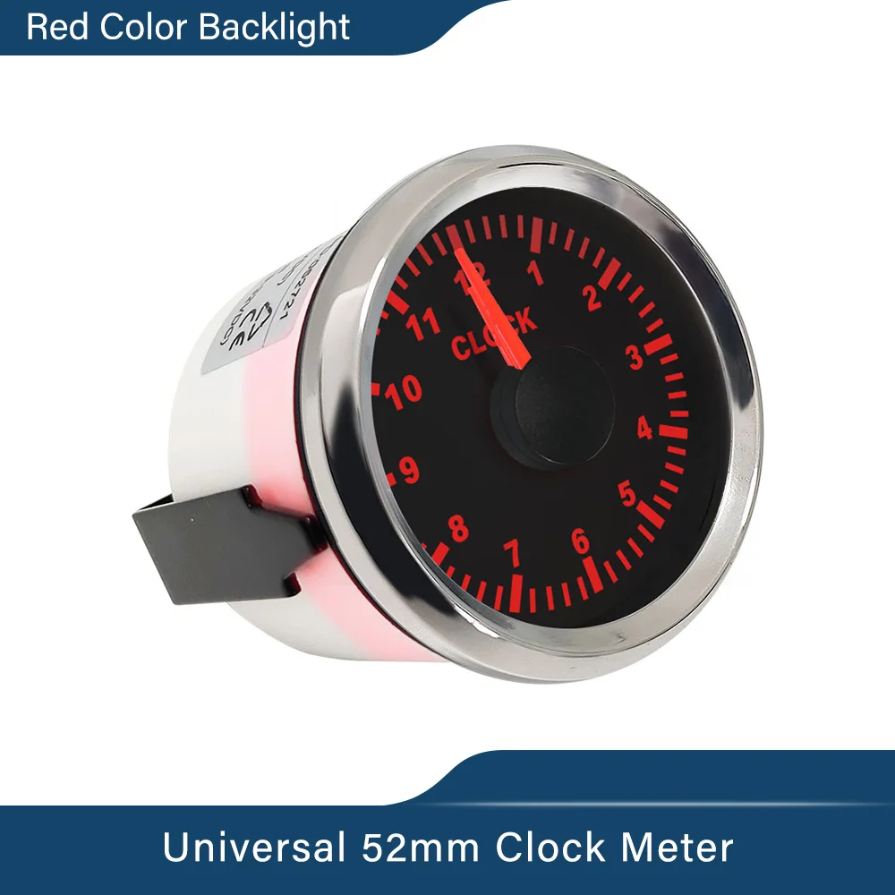 

52mm 2" Clock Meter Gauge 12 Hour Format with Red Backlight 12V/24V Car Boat Clock Waterproof