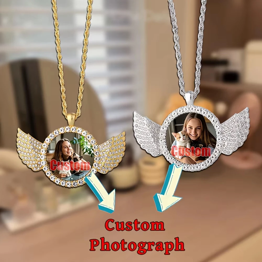 Personalisierte Foto-Engelsflügel-Halskette, Individueller Bildanhänger mit Tenniskette, Unisex-Erinnerungsschmuck für Männer & Frauen – Detail 9