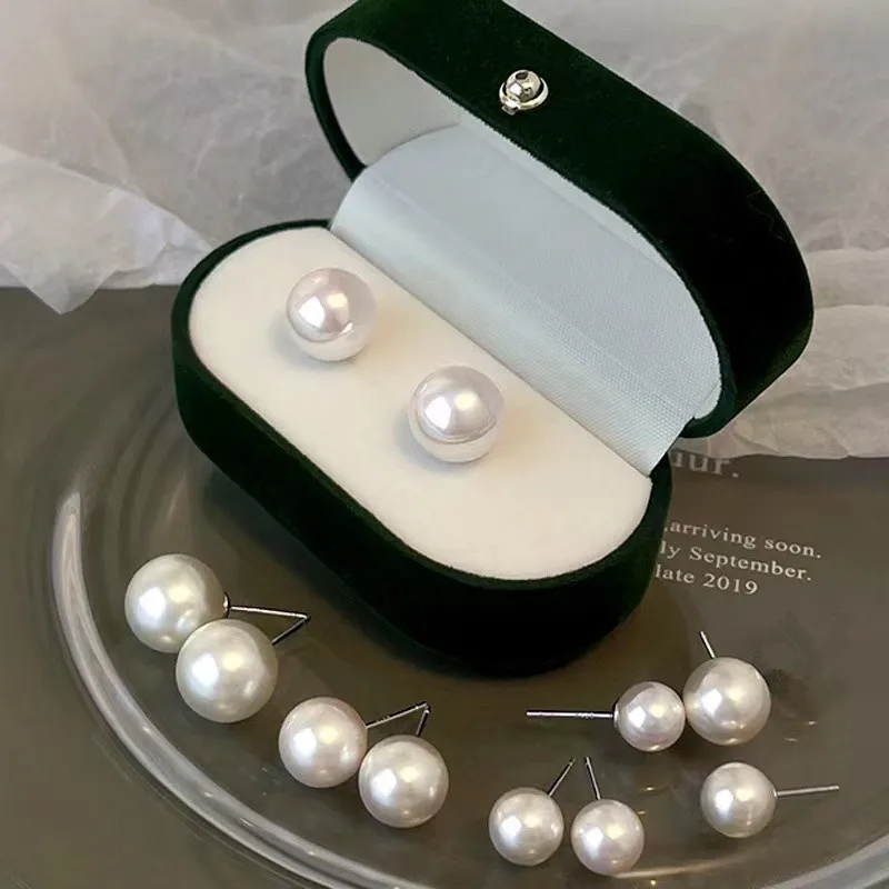 Pearl Stud Earrings for Women Silver-Plated Studs Shi Family Premium Light Luxury Clip-On Earrings Large Vintage-Style Earrings