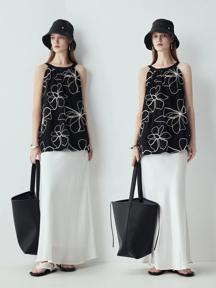 

Artistic Design Linen Embroidered Top Sleeveless Heavy Embroidery Women's Shirt Casual Loose Fit Luxury Style round Neck Vest
